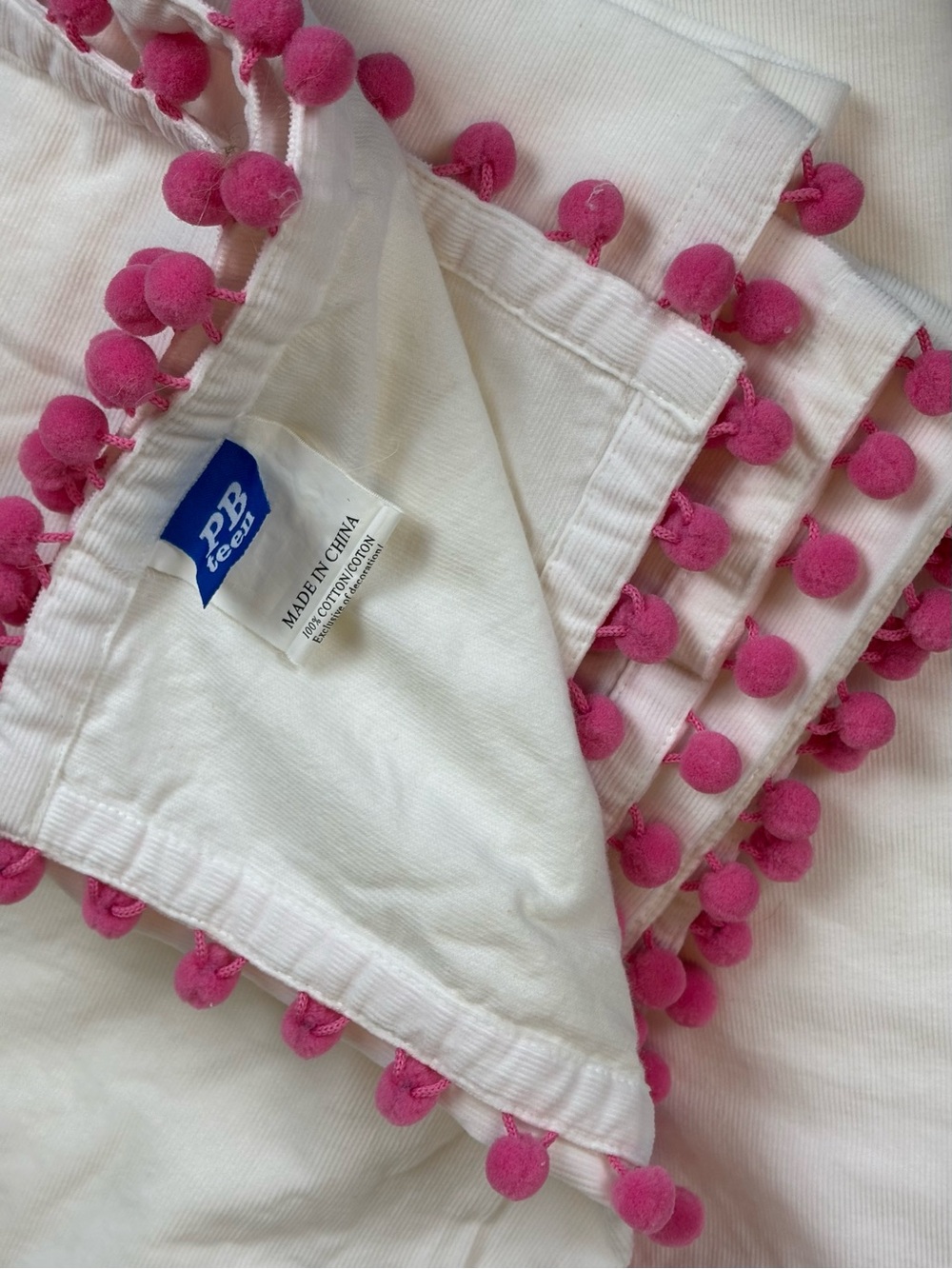 Pottery Barn Teen White Blackout Curtain w/Pink Pom-Pom Trim-2-sets